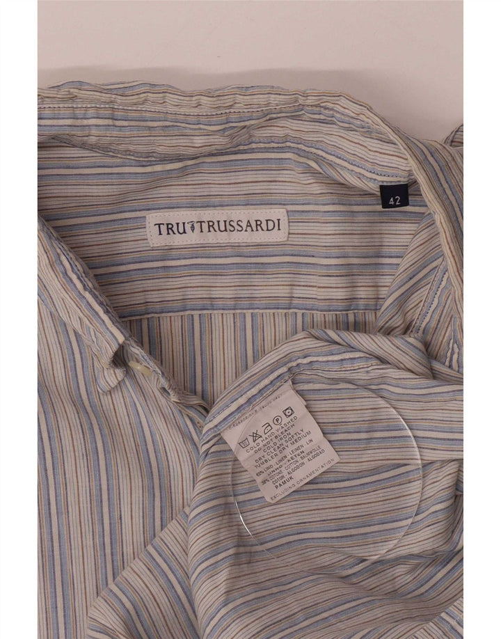 Trussardi Mens Shirt Size 42 Large Blue Striped Linen