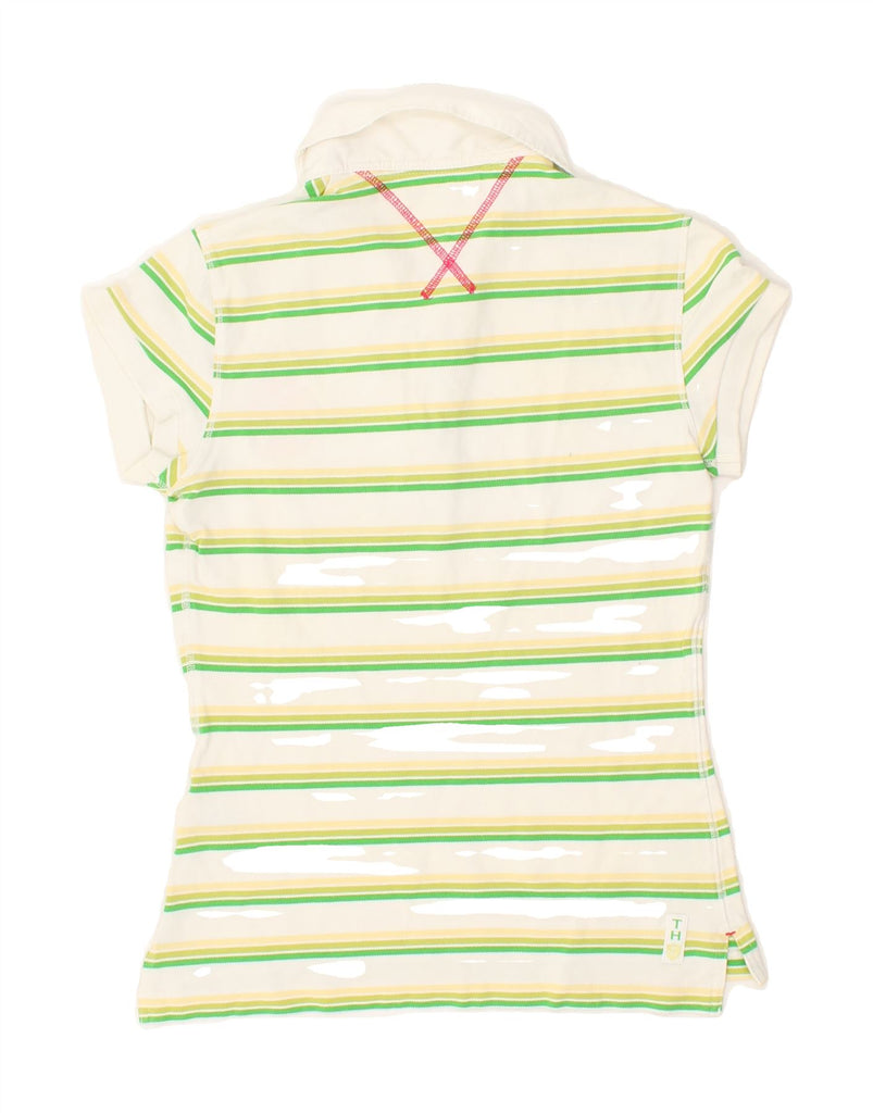 TOMMY HILFIGER Womens Polo Shirt UK 10 Small Green Striped Cotton | Vintage Tommy Hilfiger | Thrift | Second-Hand Tommy Hilfiger | Used Clothing | Messina Hembry 