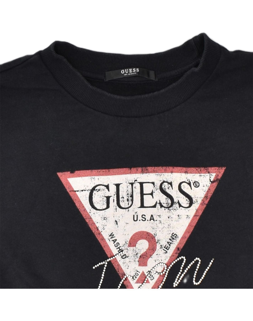 GUESS Womens Graphic Crop Sweatshirt Jumper UK 8 Small Black Cotton | Vintage Guess | Thrift | Second-Hand Guess | Used Clothing | Messina Hembry 