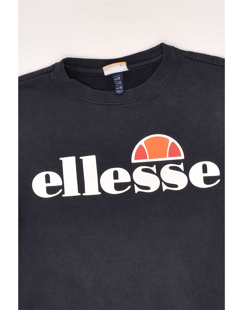 ELLESSE Womens Loose Fit Graphic Sweatshirt Jumper UK 6 XS Navy Blue | Vintage Ellesse | Thrift | Second-Hand Ellesse | Used Clothing | Messina Hembry 