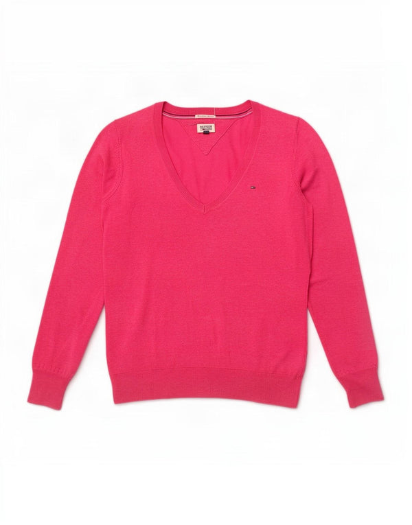 Tommy Hilfiger Womens V-Neck Jumper Sweater UK 14 Medium Pink Cotton