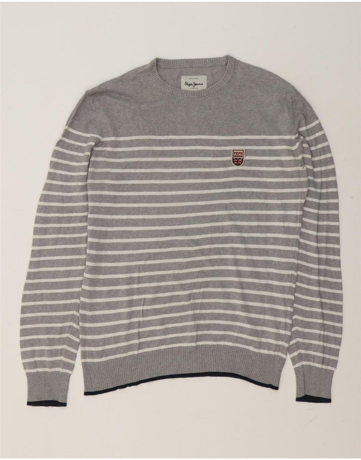 PEPE Jeans Mens Crew Neck Jumper Sweater Small Grey Striped