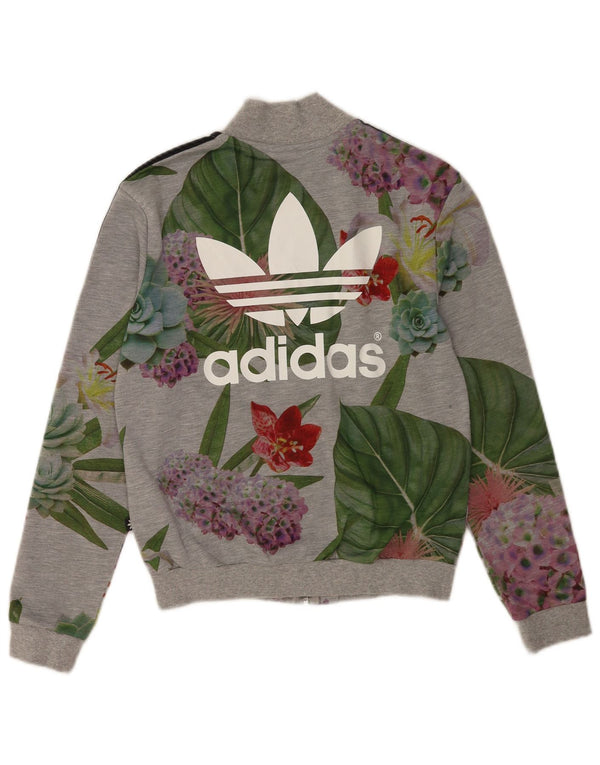 Adidas Womens Graphic Tracksuit Top Jacket UK 10 Small Grey Floral