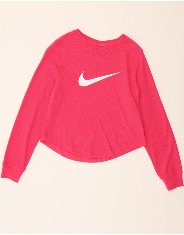 NIKE Womens Crop Graphic Top Long Sleeve UK 12 Medium Pink Cotton Vintage Nike and Second-Hand Nike from Messina Hembry 