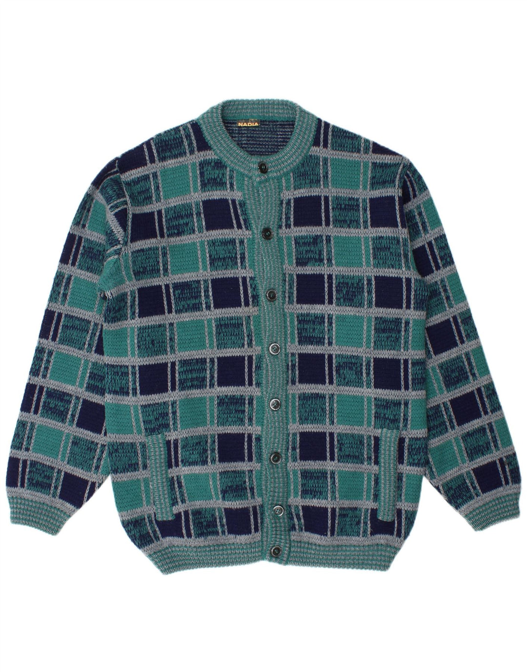 Nadia Mens Cardigan Sweater Large Navy Blue Check Wool