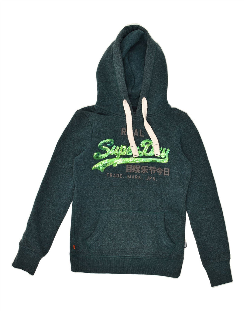 SUPERDRY Womens Graphic Hoodie Jumper UK 6 XS  Green Flecked Cotton | Vintage Superdry | Thrift | Second-Hand Superdry | Used Clothing | Messina Hembry 