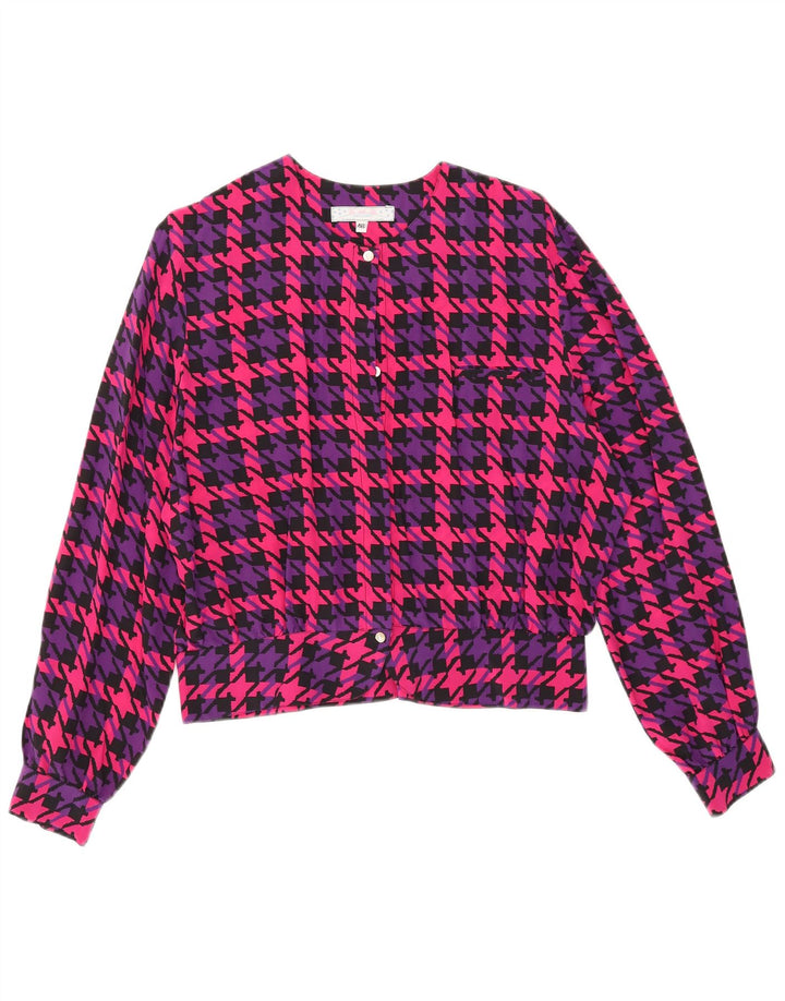 Vintage Womens Oversized Shirt Blouse IT 46 Large Pink Houndstooth Silk