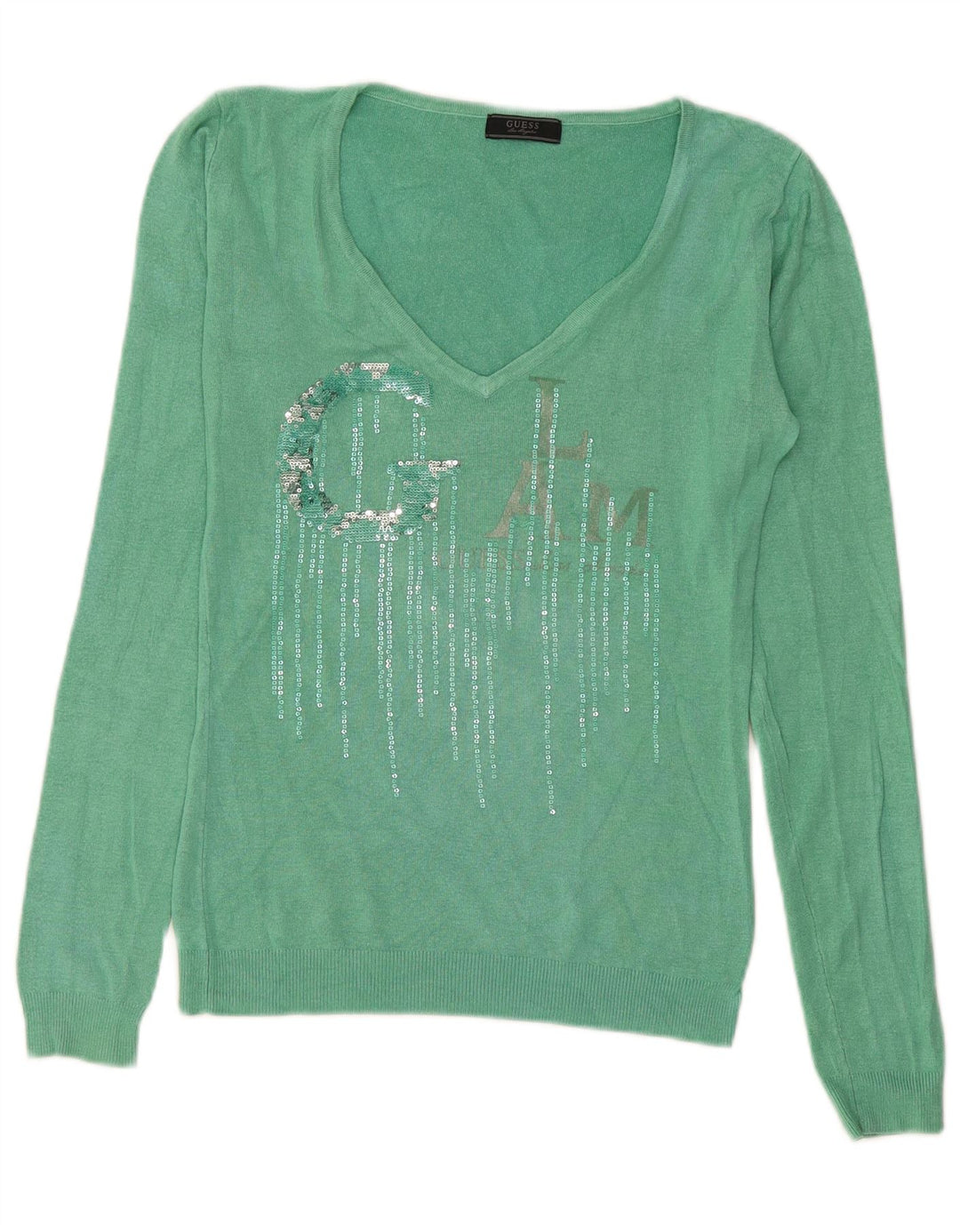 Guess Womens Graphic V-Neck Jumper Sweater UK 12 Medium Green