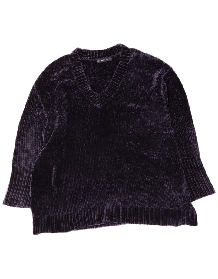 Zara Womens Oversized V-Neck Jumper Sweater UK 10 Small Navy Blue Polyester