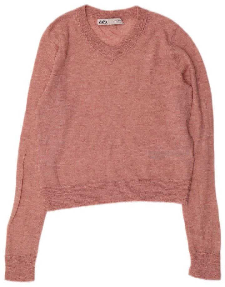 ZARA Womens Crop V-Neck Jumper Sweater UK 12 Medium Pink Nylon