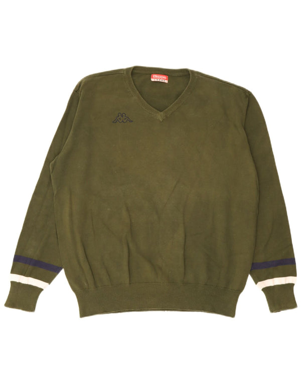 Kappa Mens V-Neck Jumper Sweater Large Green Striped Cotton