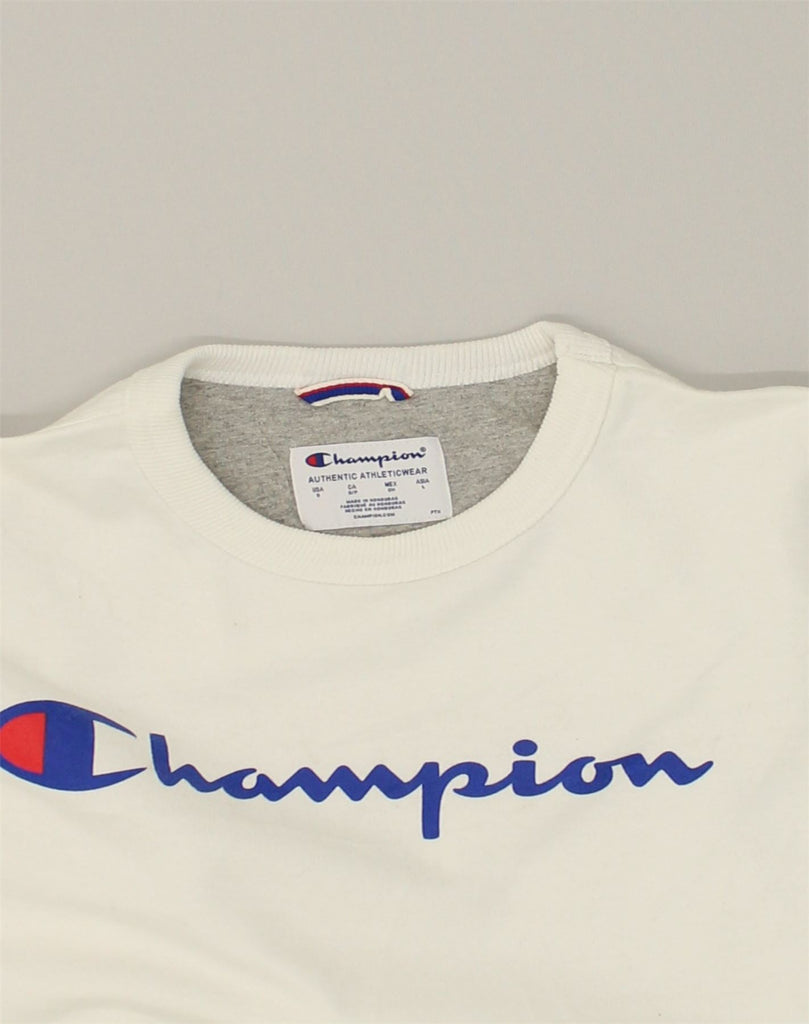 CHAMPION Mens Graphic Sweatshirt Jumper Small White Cotton | Vintage Champion | Thrift | Second-Hand Champion | Used Clothing | Messina Hembry 