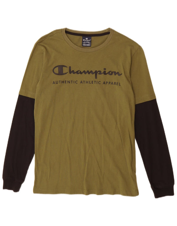 Champion Boys Graphic Top Long Sleeve 13-14 Years XL Khaki Colourblock