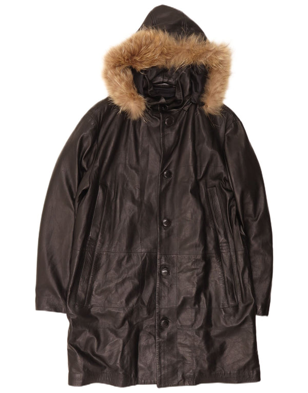 Lavorazione Artigiana Mens Hooded Leather Coat UK 38 Medium Black Classic