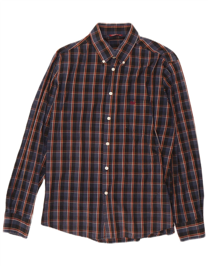 Carrera Mens Shirt Large Navy Blue Check Cotton
