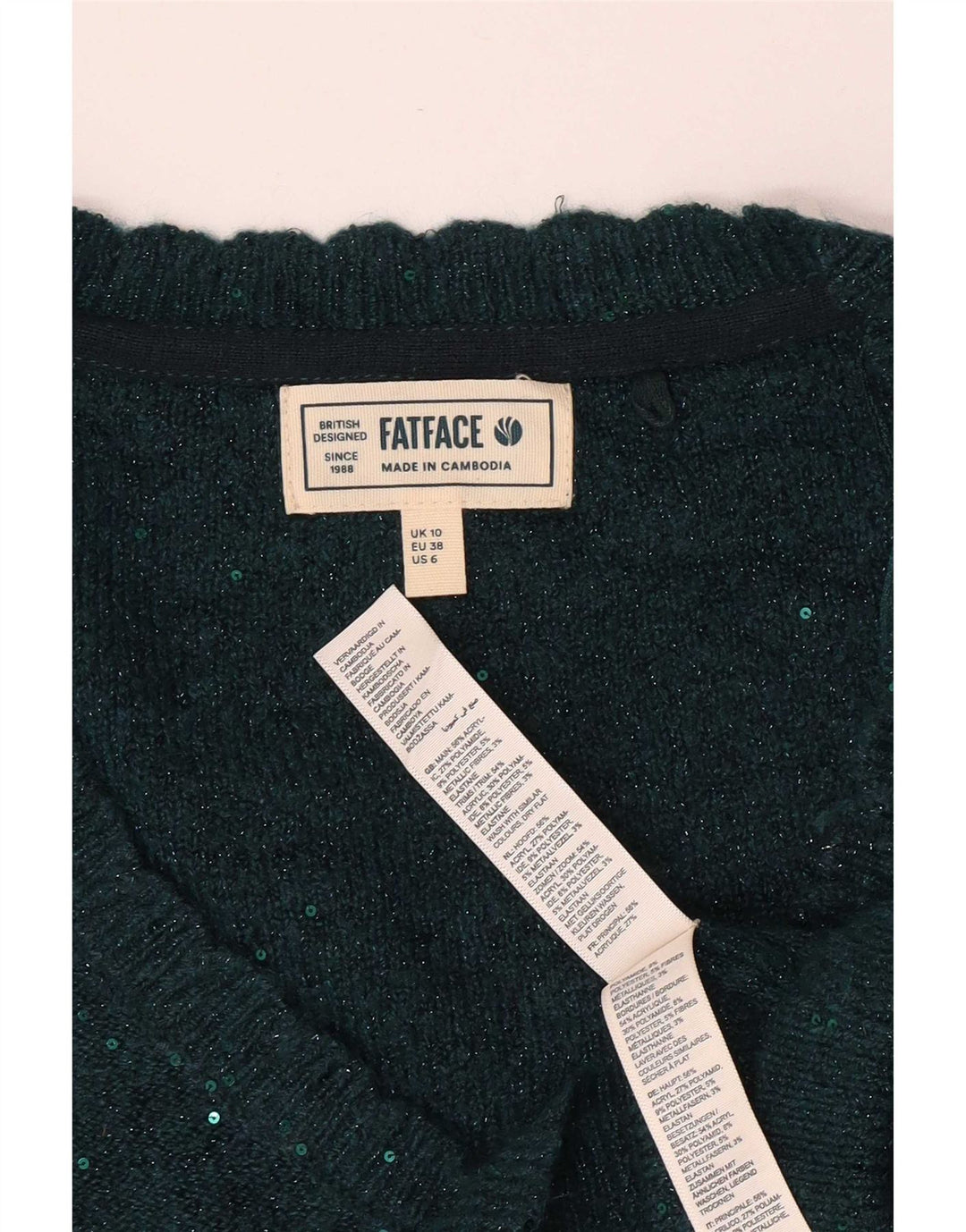 Fat Face Womens Oversized V-Neck Jumper Sweater UK 10 Small Green Flecked