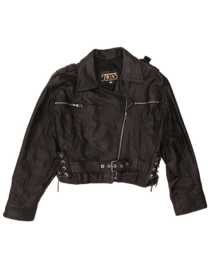 Vintage Womens Oversized Biker Jacket UK 10 Small Black Leather