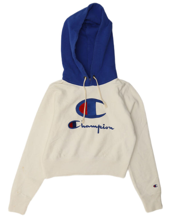 Champion Womens Crop Graphic Hoodie Jumper UK 14 Medium White Colourblock