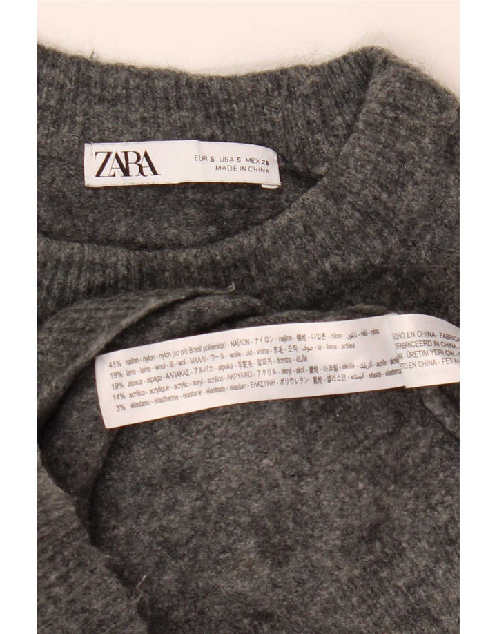 Zara Womens Crop Oversized Crew Neck Jumper Sweater UK 10 Small Grey Nylon