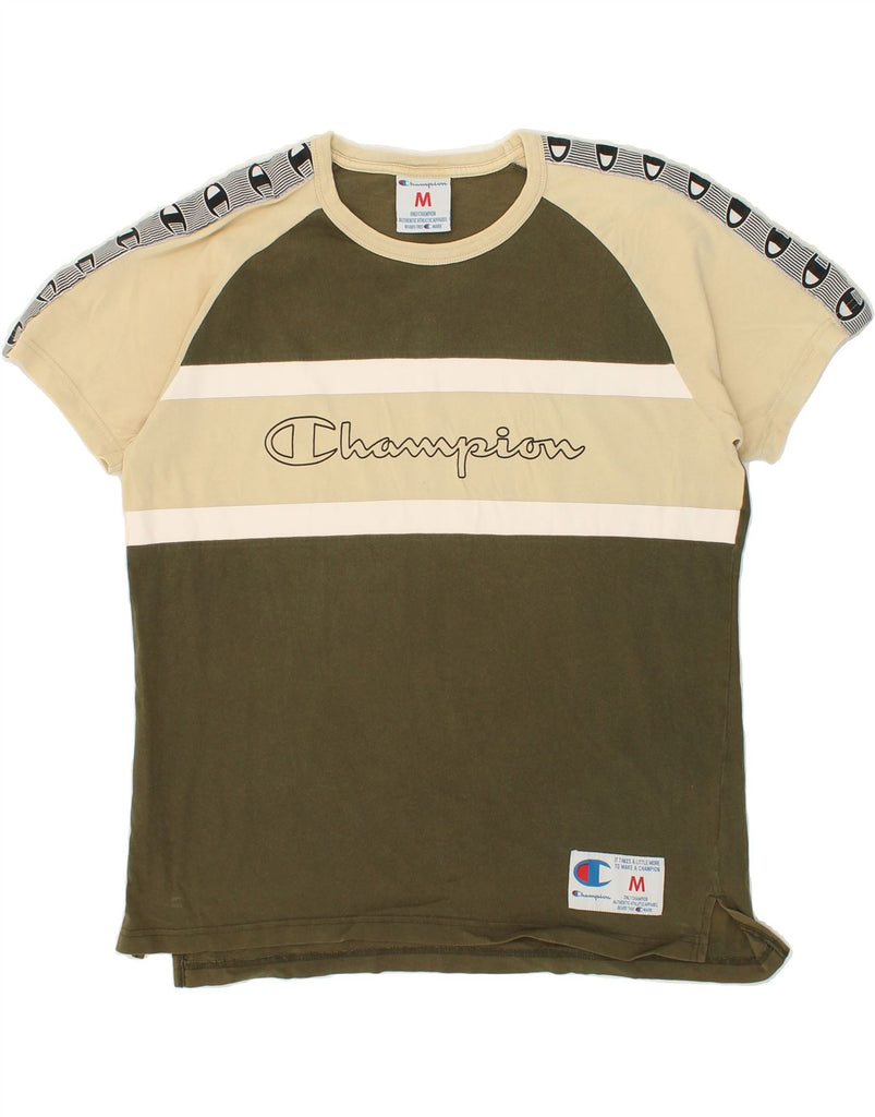 CHAMPION Mens Graphic T-Shirt Top Medium Khaki Colourblock Cotton | Vintage Champion | Thrift | Second-Hand Champion | Used Clothing | Messina Hembry 