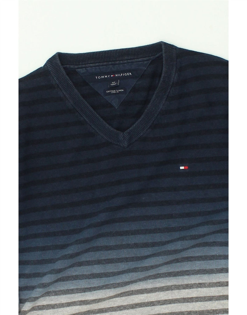 TOMMY HILFIGER Mens V-Neck Jumper Sweater Small Navy Blue Colourblock | Vintage Tommy Hilfiger | Thrift | Second-Hand Tommy Hilfiger | Used Clothing | Messina Hembry 