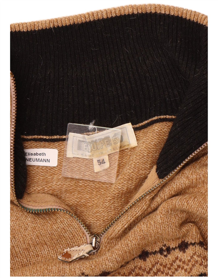 Equipe Mens Zip Neck Jumper Sweater IT 54 XL Brown Fair Isle Wool