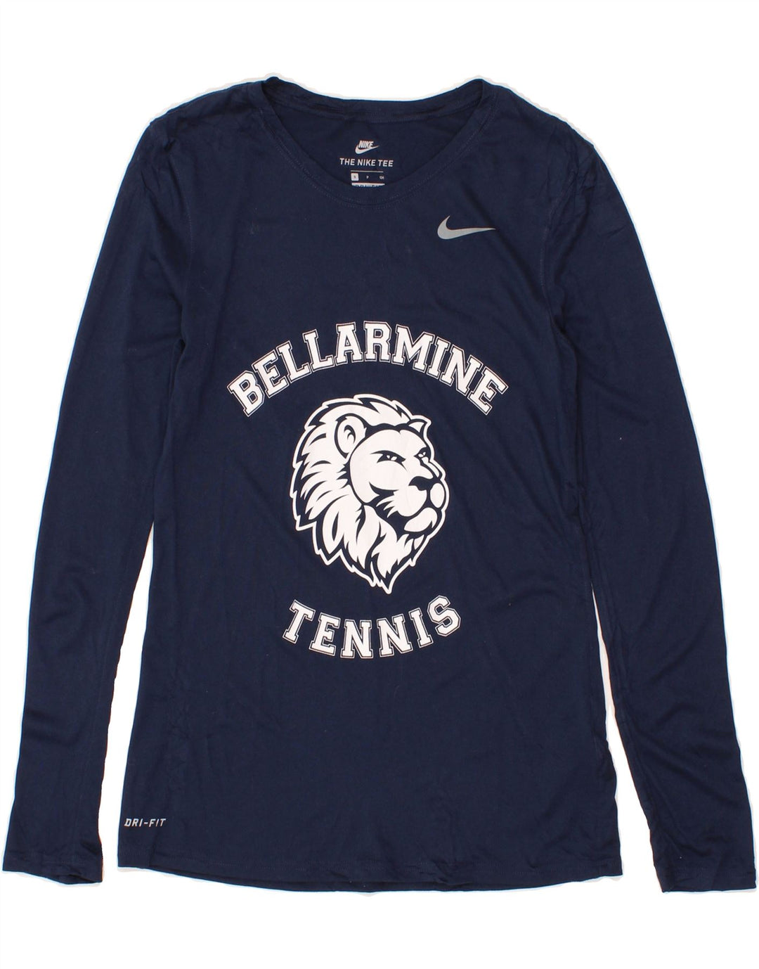 NIKE Womens Dri Fit Graphic Top Long Sleeve UK 10 Small Navy Blue Vintage Nike and Second-Hand Nike from Messina Hembry 