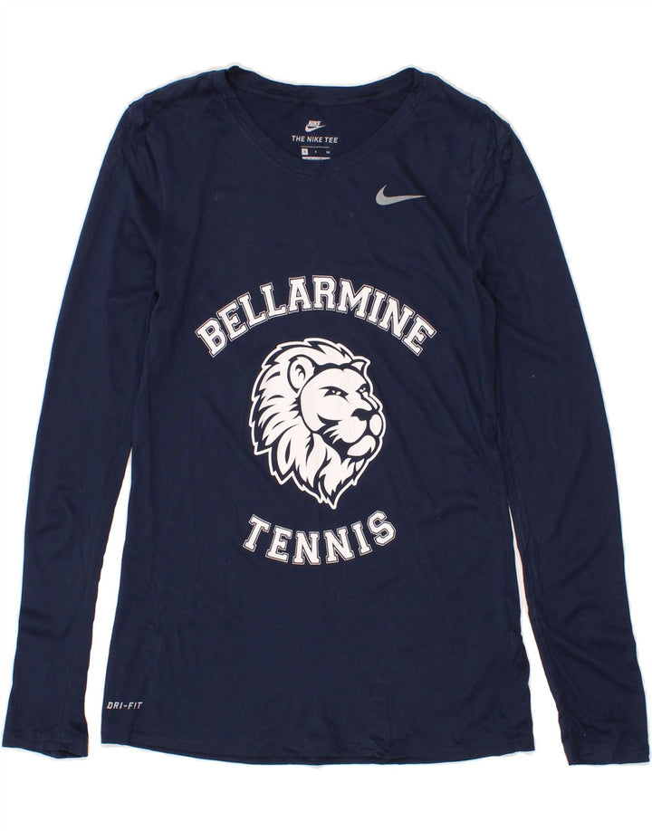 NIKE Womens Dri Fit Graphic Top Long Sleeve UK 10 Small Navy Blue Vintage Nike and Second-Hand Nike from Messina Hembry 