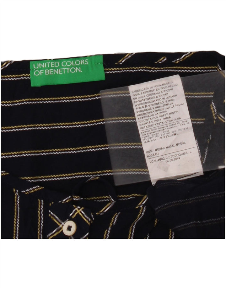 BENETTON Womens Long Sleeve Blouse Top UK 16 Large Navy Blue Pinstripe