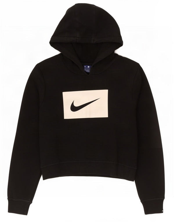 Nike Womens Crop Graphic Hoodie Jumper UK 14 Medium Black Cotton