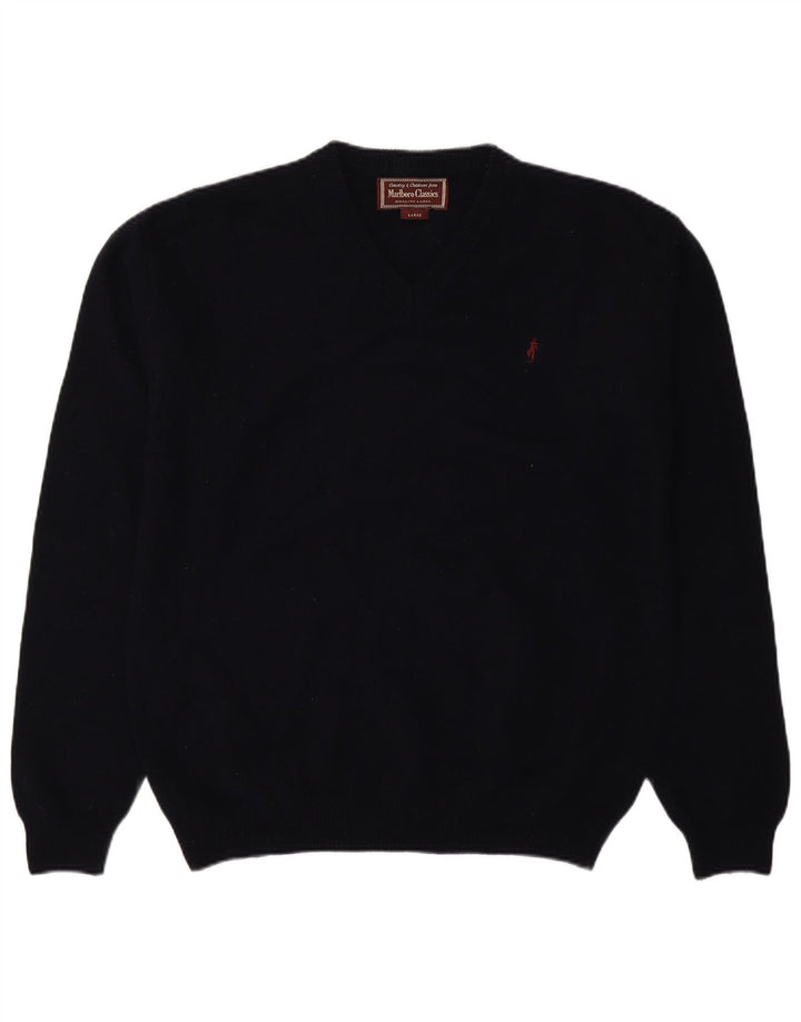 Marlboro Classics Mens V-Neck Jumper Sweater Large Navy Blue Wool