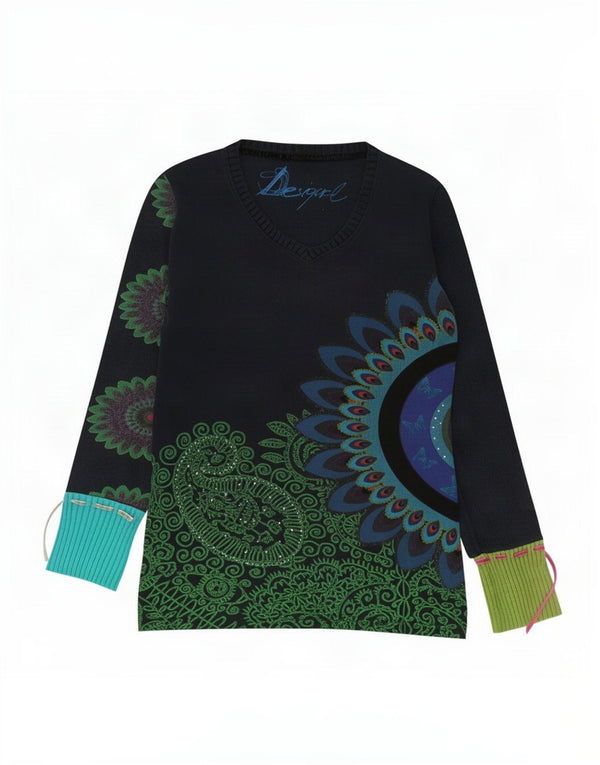 Desigual Womens Graphic Top Long Sleeve UK 14 Large Navy Blue Paisley