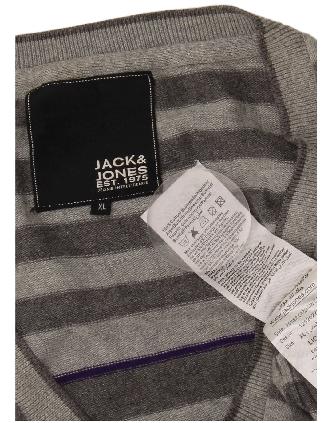 JACK & JONES Mens Cardigan Sweater XL Grey Striped Cotton