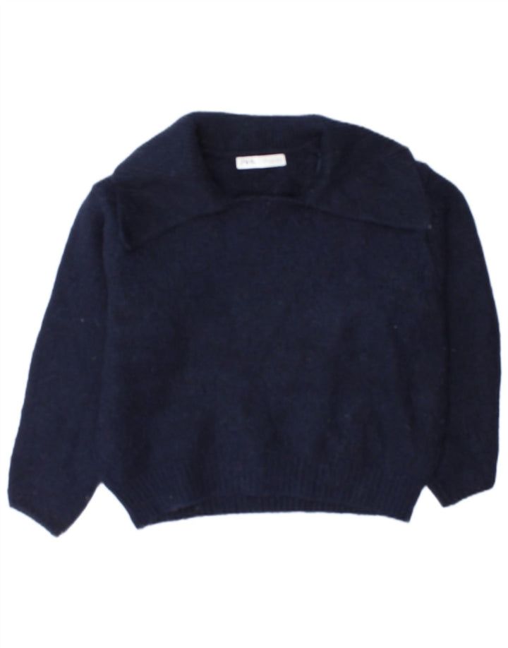 Zara Womens Polo Neck Jumper Sweater UK 16 Large Navy Blue Polyester