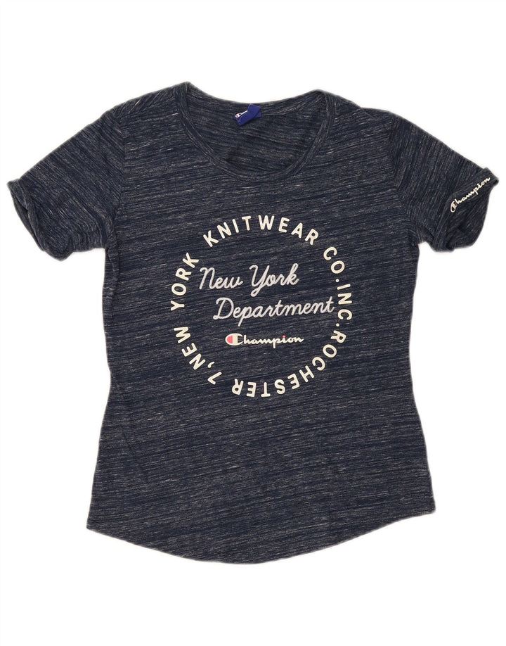 CHAMPION Womens Graphic T-Shirt Top UK 12 Medium Navy Blue Flecked