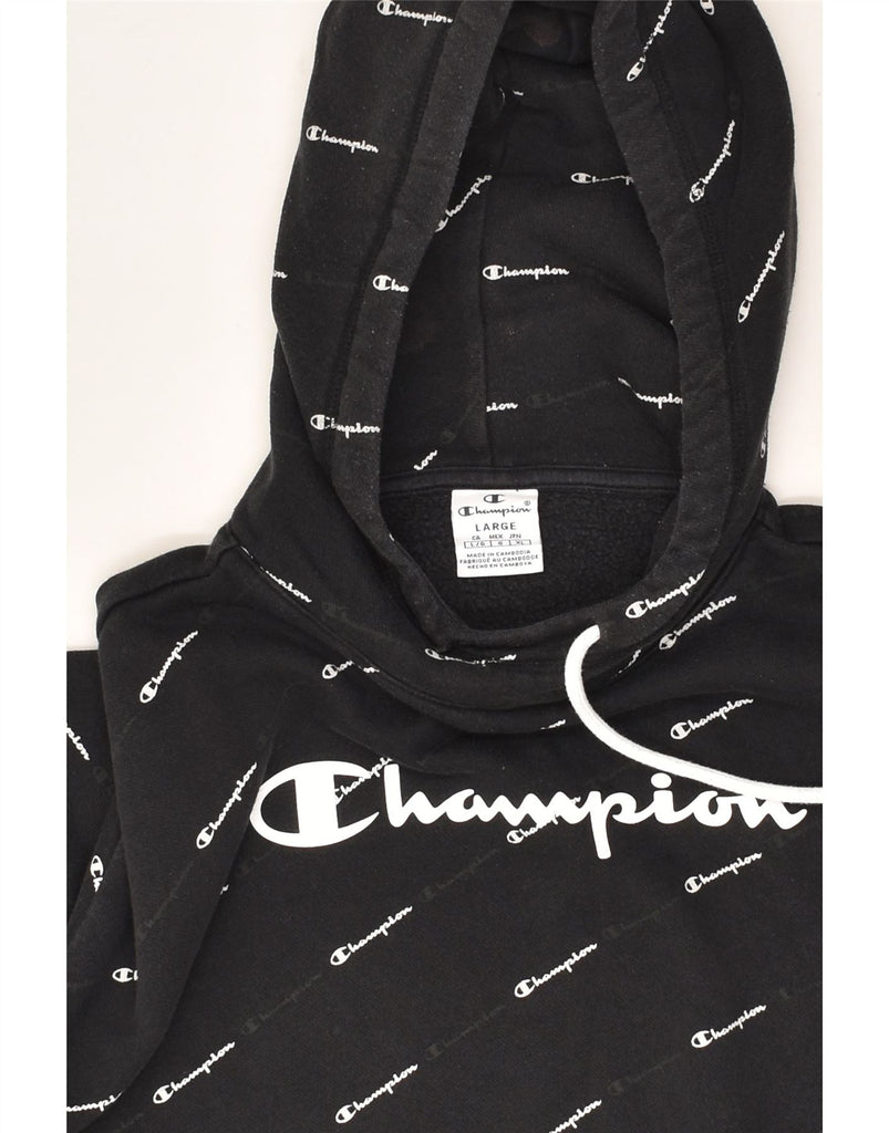 CHAMPION Womens Crop Graphic Hoodie Jumper UK 16 Large Black Cotton | Vintage Champion | Thrift | Second-Hand Champion | Used Clothing | Messina Hembry 