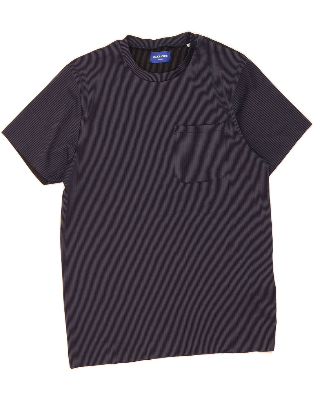 JACK & JONES Mens T-Shirt Top Small Navy Blue Pinstripe Polyester Vintage Jack & Jones and Second-Hand Jack & Jones from Messina Hembry 