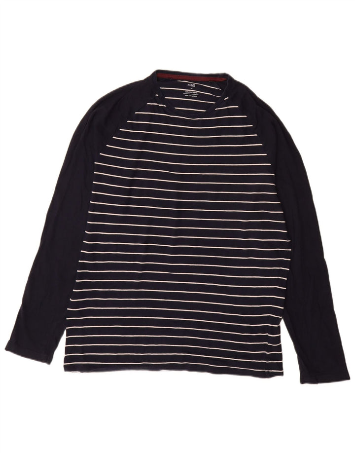 Marks & Spencer Mens Top Long Sleeve Medium Navy Blue Striped Cotton