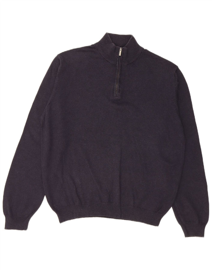 Massimo Dutti Mens Zip Neck Jumper Sweater Medium Navy Blue Cotton