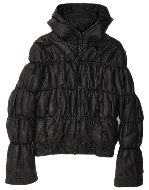 Armani Jeans Womens Hooded Padded Leather Jacket UK 10 Small Black Leather