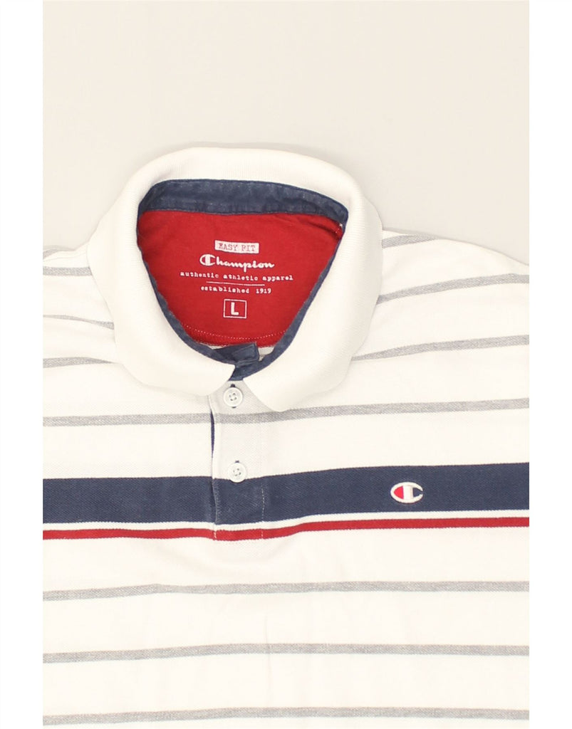 CHAMPION Mens Easy Fit Polo Shirt Large White Striped | Vintage Champion | Thrift | Second-Hand Champion | Used Clothing | Messina Hembry 