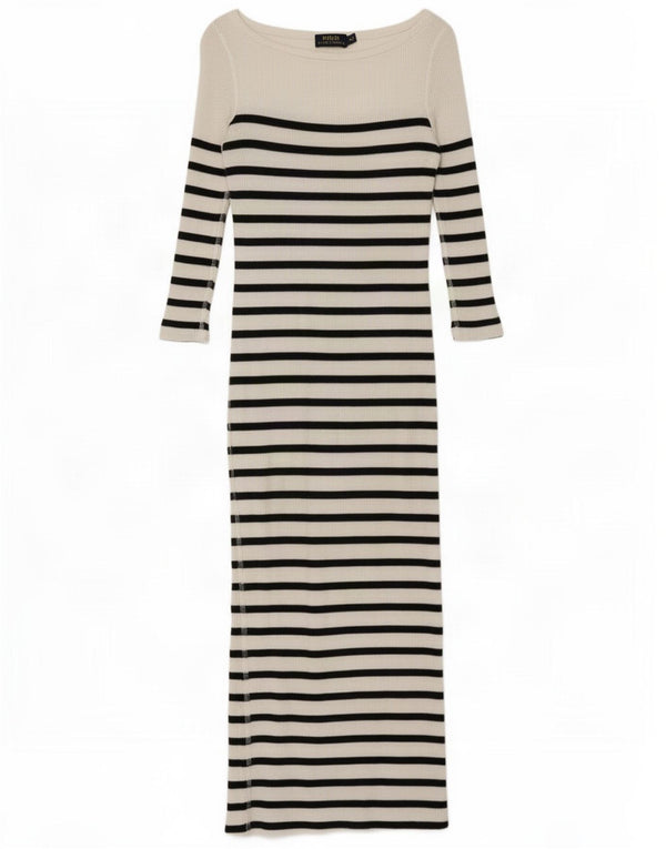 Polo Ralph Lauren Womens 3/4 Sleeve Maxi Dress UK 6 XS White Striped Cotton