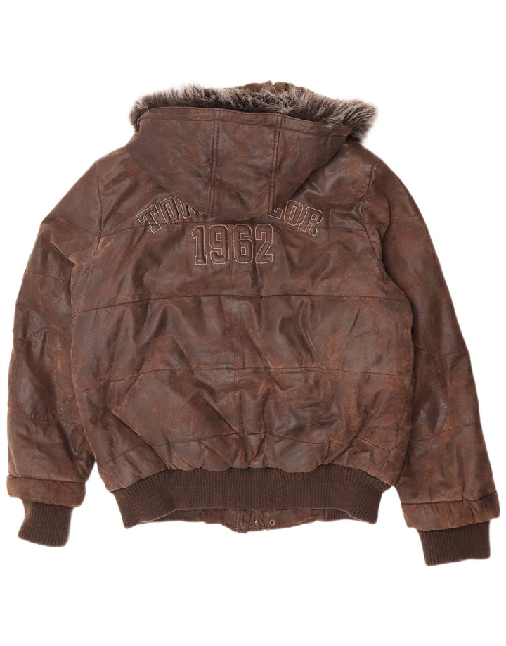 Tom Tailor Mens Graphic Hooded Leather Jacket UK 38 Medium Brown Leather
