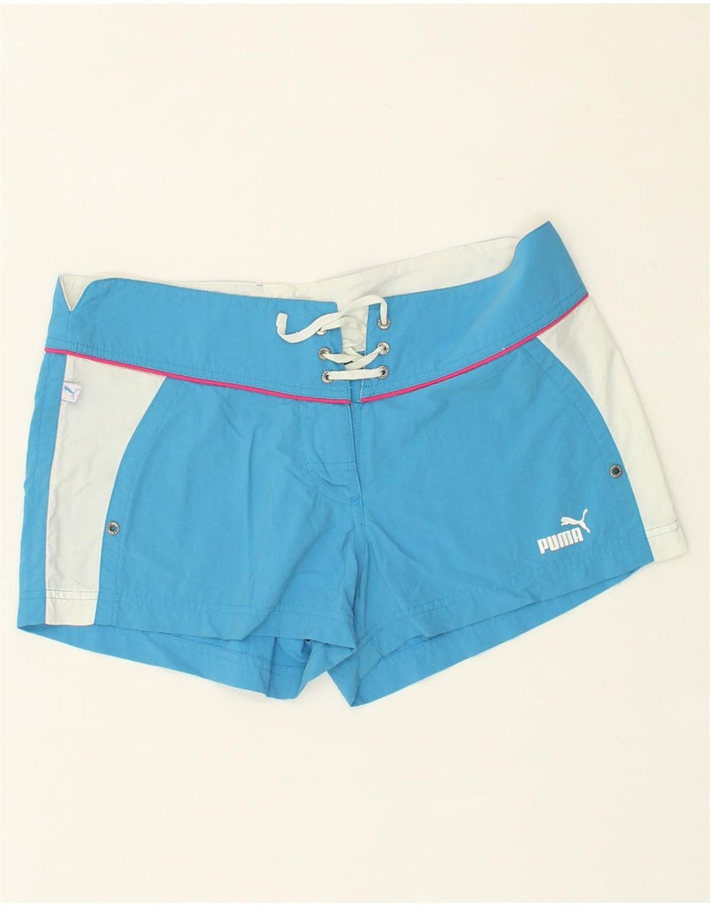 PUMA Womens Graphic Swimming Shorts UK 12 Medium Blue Colourblock | Vintage Puma | Thrift | Second-Hand Puma | Used Clothing | Messina Hembry 