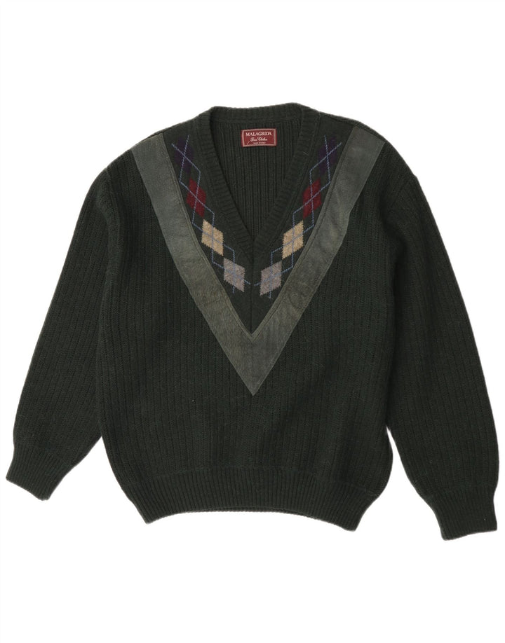 Malagrida Mens V-Neck Jumper Sweater Large Green Argyle/Diamond