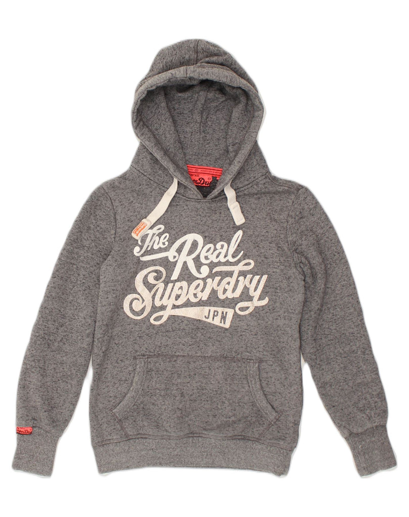 SUPERDRY Womens Graphic Hoodie Jumper UK 6 XS Grey Flecked Cotton | Vintage Superdry | Thrift | Second-Hand Superdry | Used Clothing | Messina Hembry 