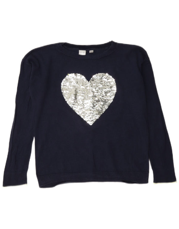 Gap Girls Graphic Boat Neck Jumper Sweater 12-13 Years XL Navy Blue Heart