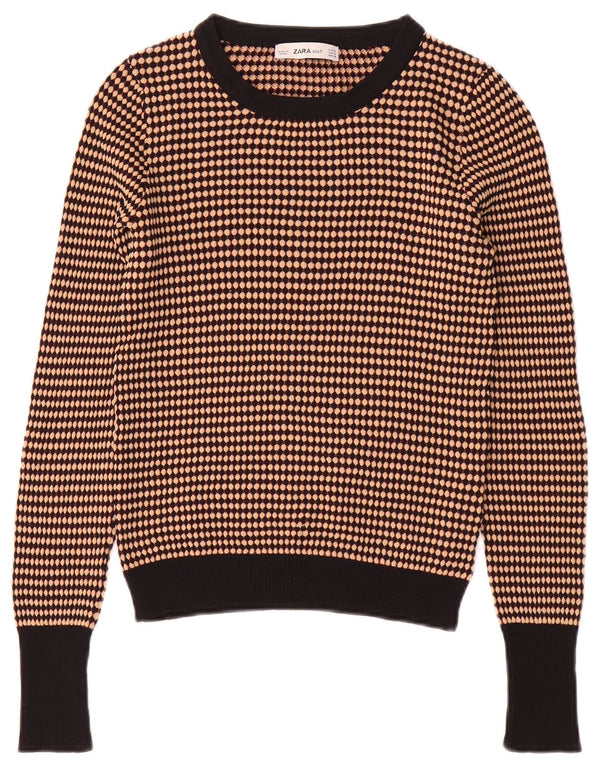 Zara Womens Crop Crew Neck Jumper Sweater UK 12 Medium Brown Striped