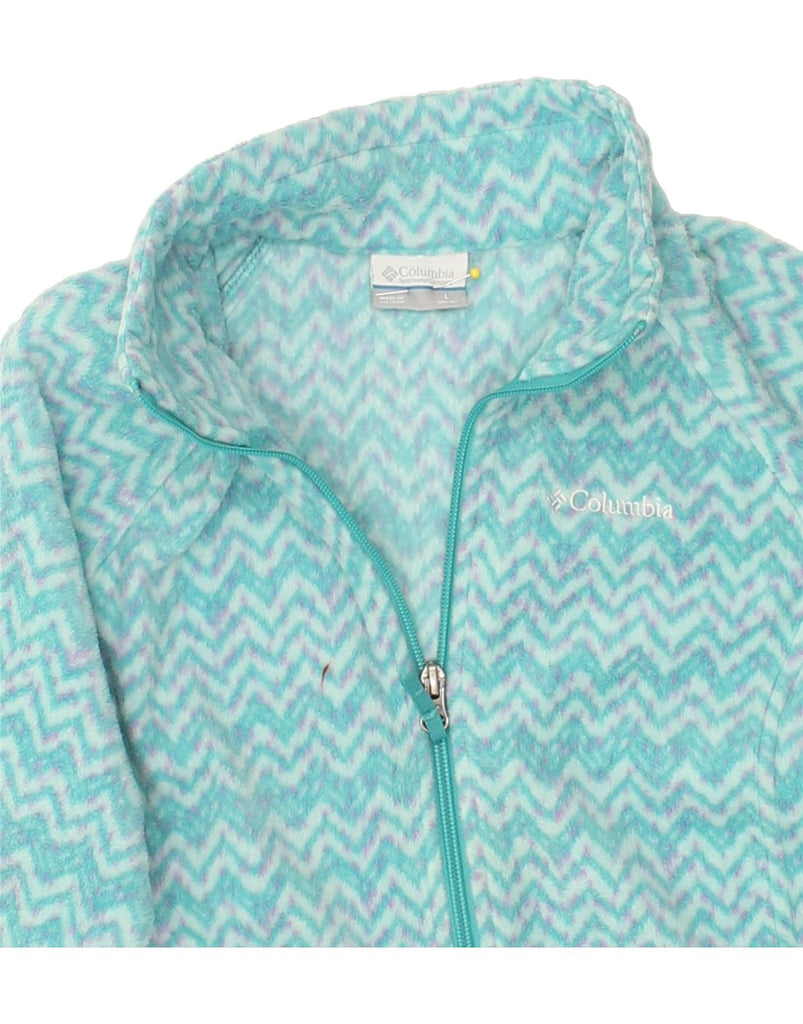 COLUMBIA Womens Fleece Jacket UK 14 Large Turquoise Chevron Polyester | Vintage Columbia | Thrift | Second-Hand Columbia | Used Clothing | Messina Hembry 