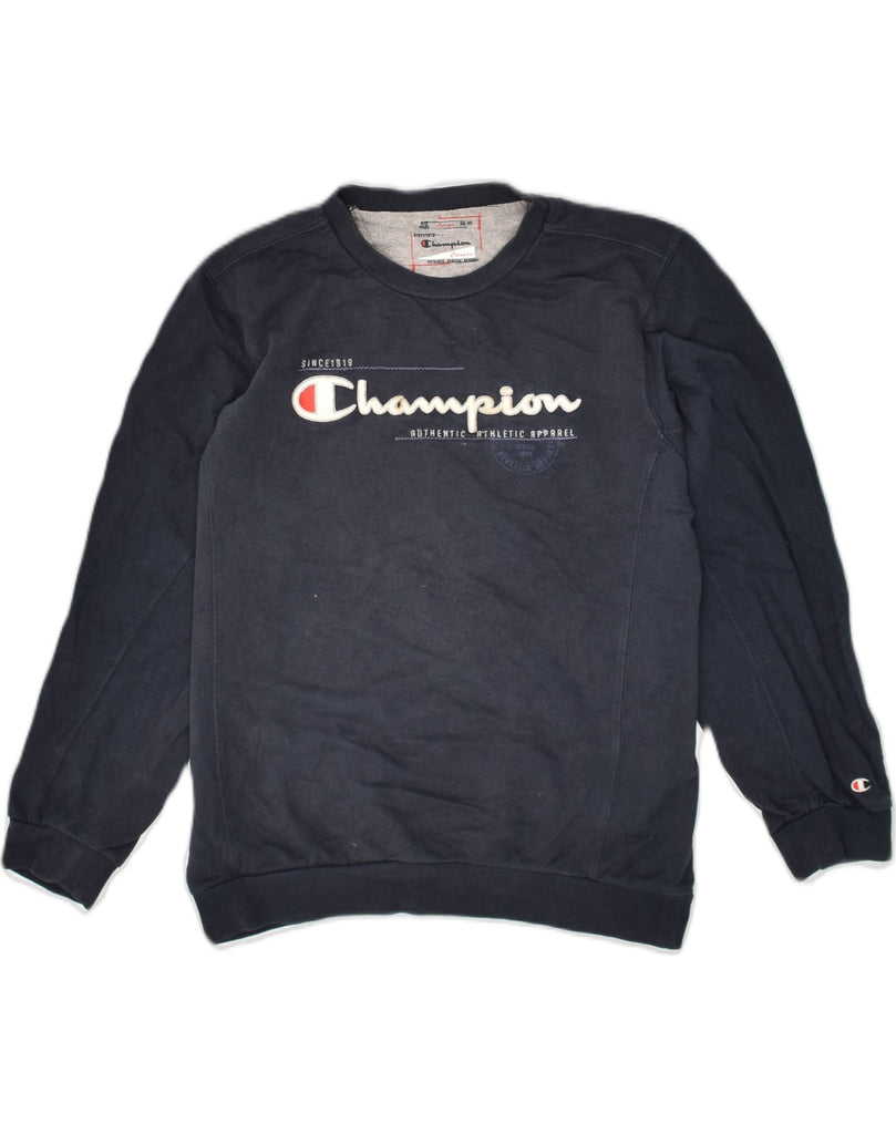 CHAMPION Boys Graphic Sweatshirt Jumper 11-12 Years Large Navy Blue Cotton | Vintage Champion | Thrift | Second-Hand Champion | Used Clothing | Messina Hembry 